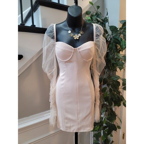 Womens Cocktail Dress Medium Pink Sheer Long Sleeve Mesh Bustier Bodycon Party - Picture 1 of 11